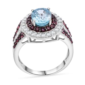 Cambodian Blue Zircon, Brown and White Zircon 4.80 ctw Oceanic Opulence Ring in Rhodium Over Sterling Silver (Size 8.0)