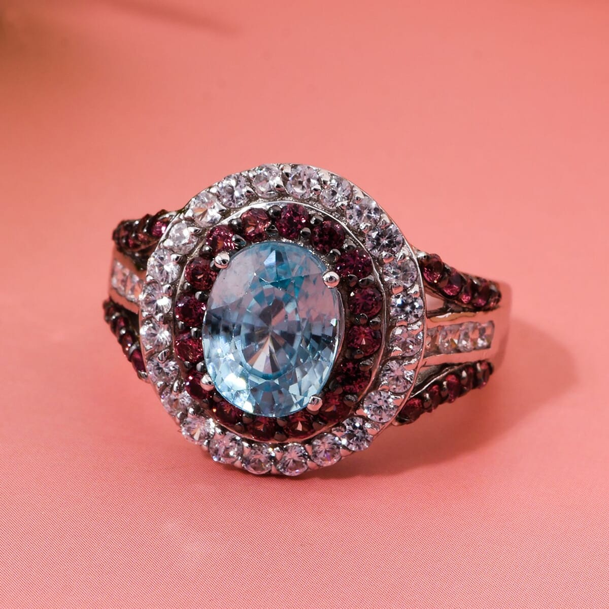 Cambodian Blue Zircon, Brown and White Zircon 4.80 ctw Oceanic Opulence Ring in Rhodium Over Sterling Silver (Size 8.0) image number 1