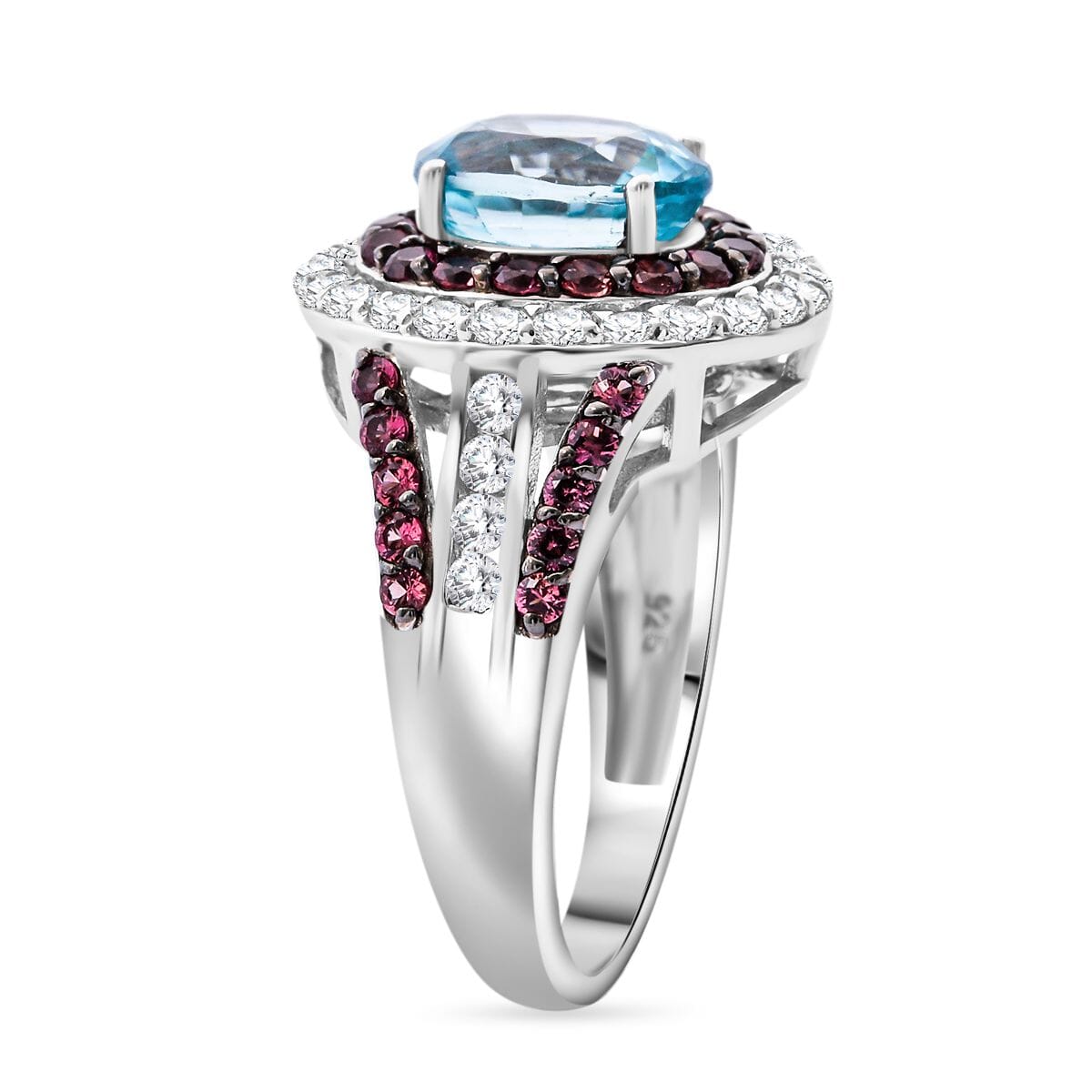 Cambodian Blue Zircon, Brown and White Zircon 4.80 ctw Oceanic Opulence Ring in Rhodium Over Sterling Silver (Size 8.0) image number 3