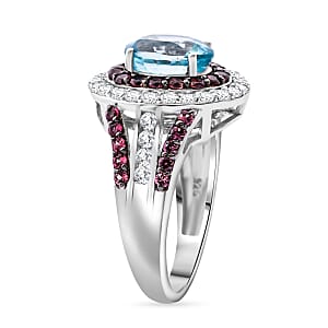 Cambodian Blue Zircon, Brown and White Zircon 4.80 ctw Oceanic Opulence Ring in Rhodium Over Sterling Silver (Size 8.0)