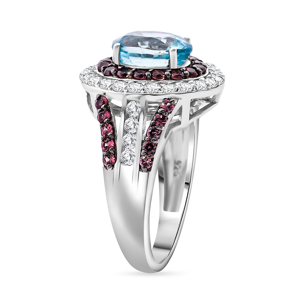 Cambodian Blue Zircon, Brown and White Zircon 4.80 ctw Oceanic Opulence Ring in Rhodium Over Sterling Silver (Size 9.0) image number 3