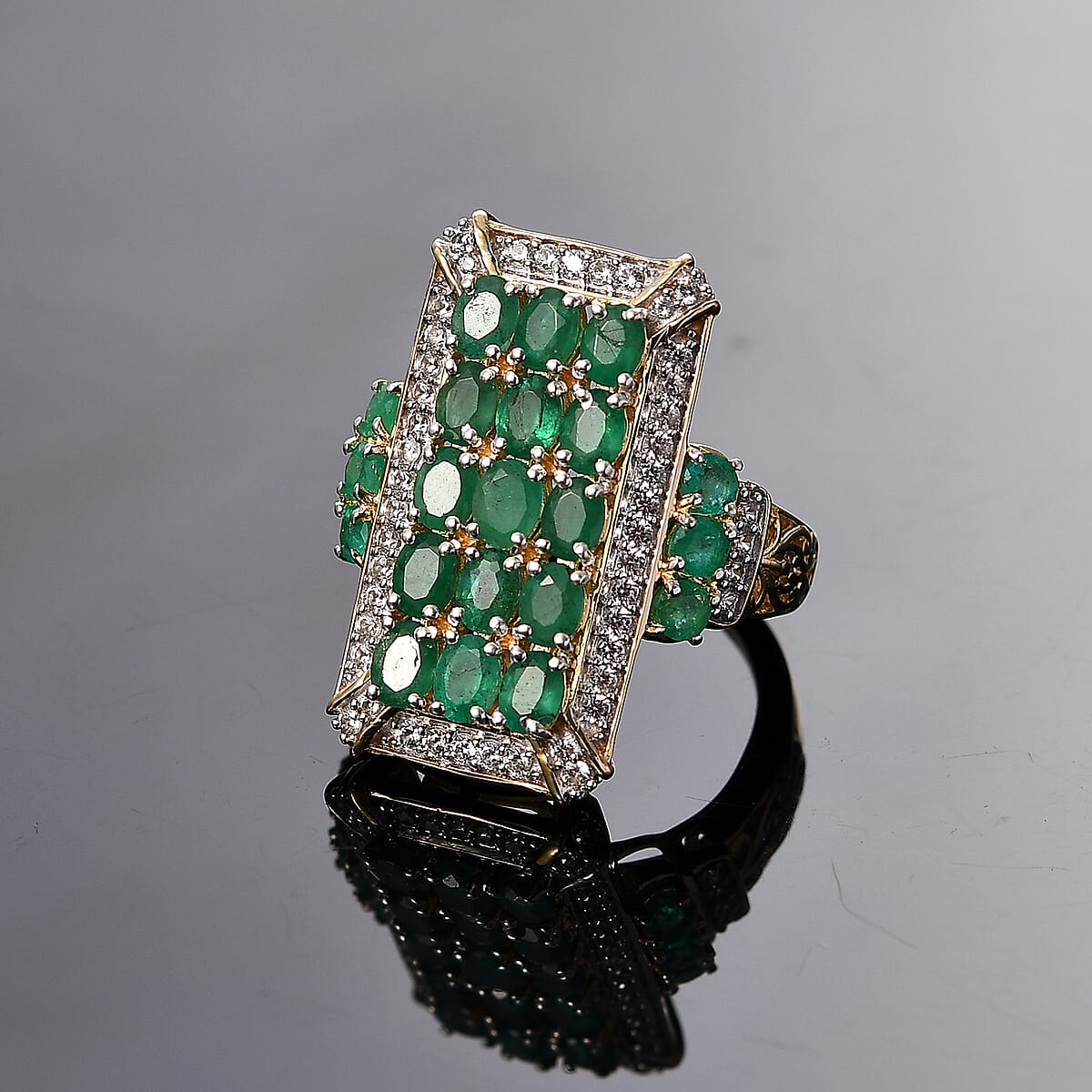 D'Joy Kagem Zambian Emerald and White Zircon 3.60 ctw Opulent Prism Ring in Rhodium & 18K Vermeil Yellow Gold Over Sterling Silver (Size 6.0) image number 1