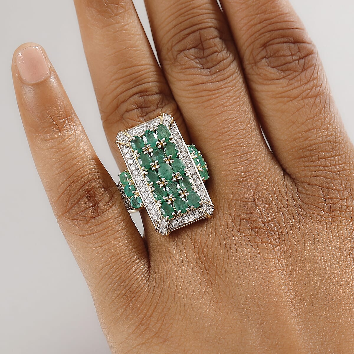 D'Joy Kagem Zambian Emerald and White Zircon 3.60 ctw Opulent Prism Ring in Rhodium & 18K Vermeil Yellow Gold Over Sterling Silver (Size 6.0) image number 2