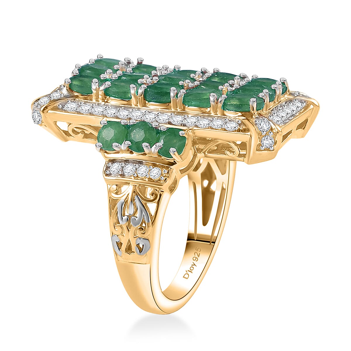 D'Joy Kagem Zambian Emerald and White Zircon 3.60 ctw Opulent Prism Ring in Rhodium & 18K Vermeil Yellow Gold Over Sterling Silver (Size 6.0) image number 3