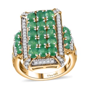 D'Joy Kagem Zambian Emerald and White Zircon 3.60 ctw Opulent Prism Ring in Rhodium & 18K Vermeil Yellow Gold Over Sterling Silver (Size 7.0)