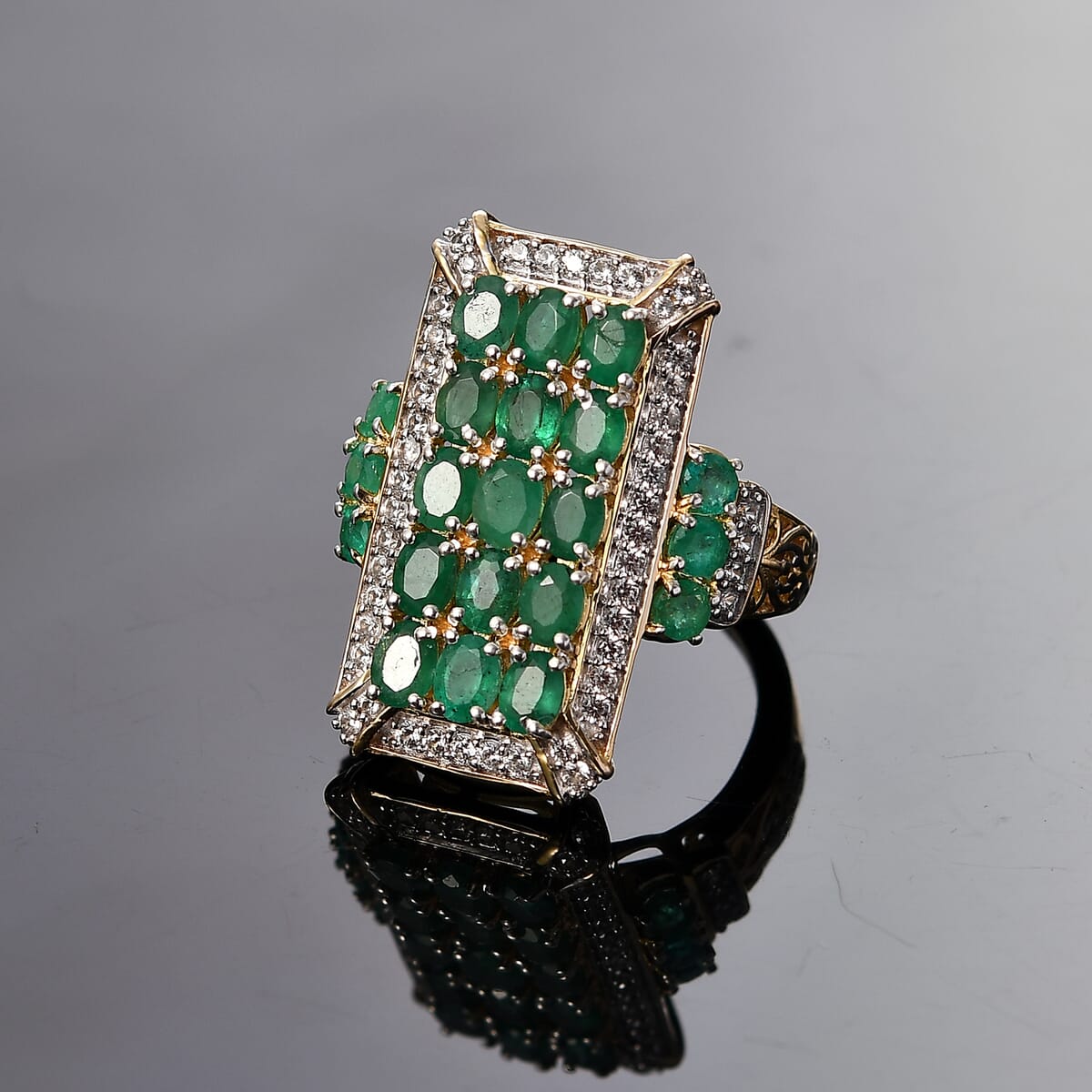 D'Joy Kagem Zambian Emerald and White Zircon 3.60 ctw Opulent Prism Ring in Rhodium & 18K Vermeil Yellow Gold Over Sterling Silver (Size 8.0) image number 1
