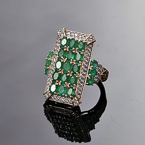 D'Joy Kagem Zambian Emerald and White Zircon 3.60 ctw Opulent Prism Ring in Rhodium & 18K Vermeil Yellow Gold Over Sterling Silver (Size 8.0)