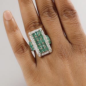 D'Joy Kagem Zambian Emerald and White Zircon 3.60 ctw Opulent Prism Ring in Rhodium & 18K Vermeil Yellow Gold Over Sterling Silver (Size 8.0)