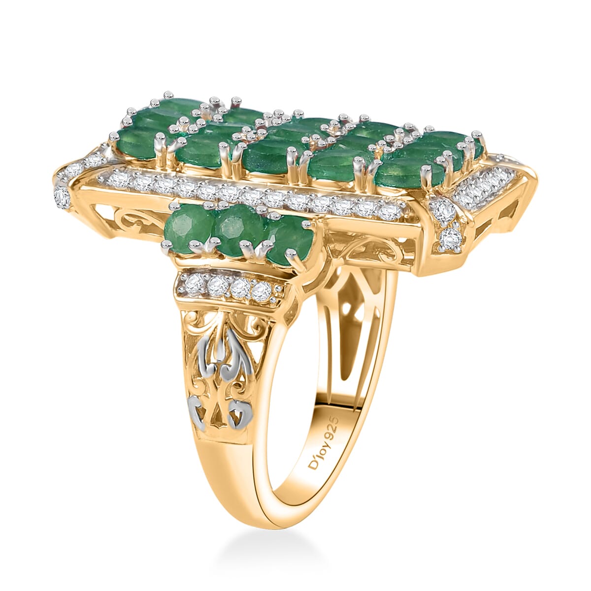 D'Joy Kagem Zambian Emerald and White Zircon 3.60 ctw Opulent Prism Ring in Rhodium & 18K Vermeil Yellow Gold Over Sterling Silver (Size 8.0) image number 3