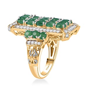 D'Joy Kagem Zambian Emerald and White Zircon 3.60 ctw Opulent Prism Ring in Rhodium & 18K Vermeil Yellow Gold Over Sterling Silver (Size 8.0)
