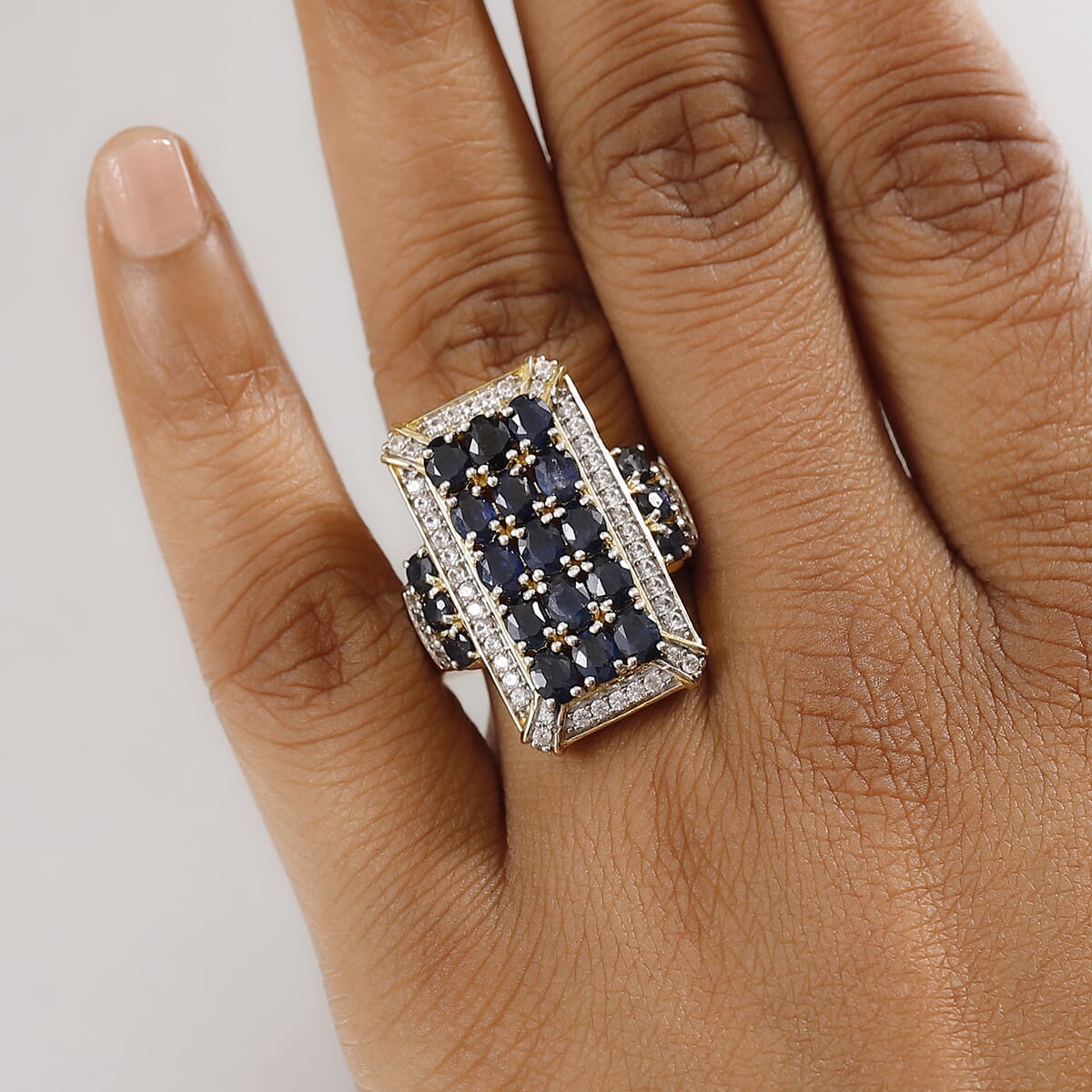 D'Joy Kanchanaburi Blue Sapphire and White Zircon 4.80 ctw Opulent Prism Ring in Rhodium & 18K Vermeil Yellow Gold Over Sterling Silver (Size 10.0) image number 2