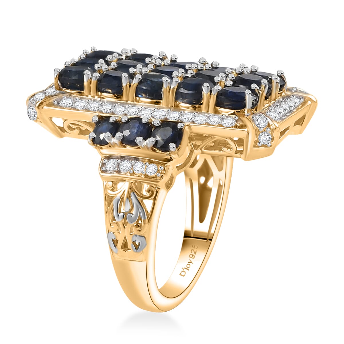 D'Joy Kanchanaburi Blue Sapphire and White Zircon 4.80 ctw Opulent Prism Ring in Rhodium & 18K Vermeil Yellow Gold Over Sterling Silver (Size 10.0) image number 3