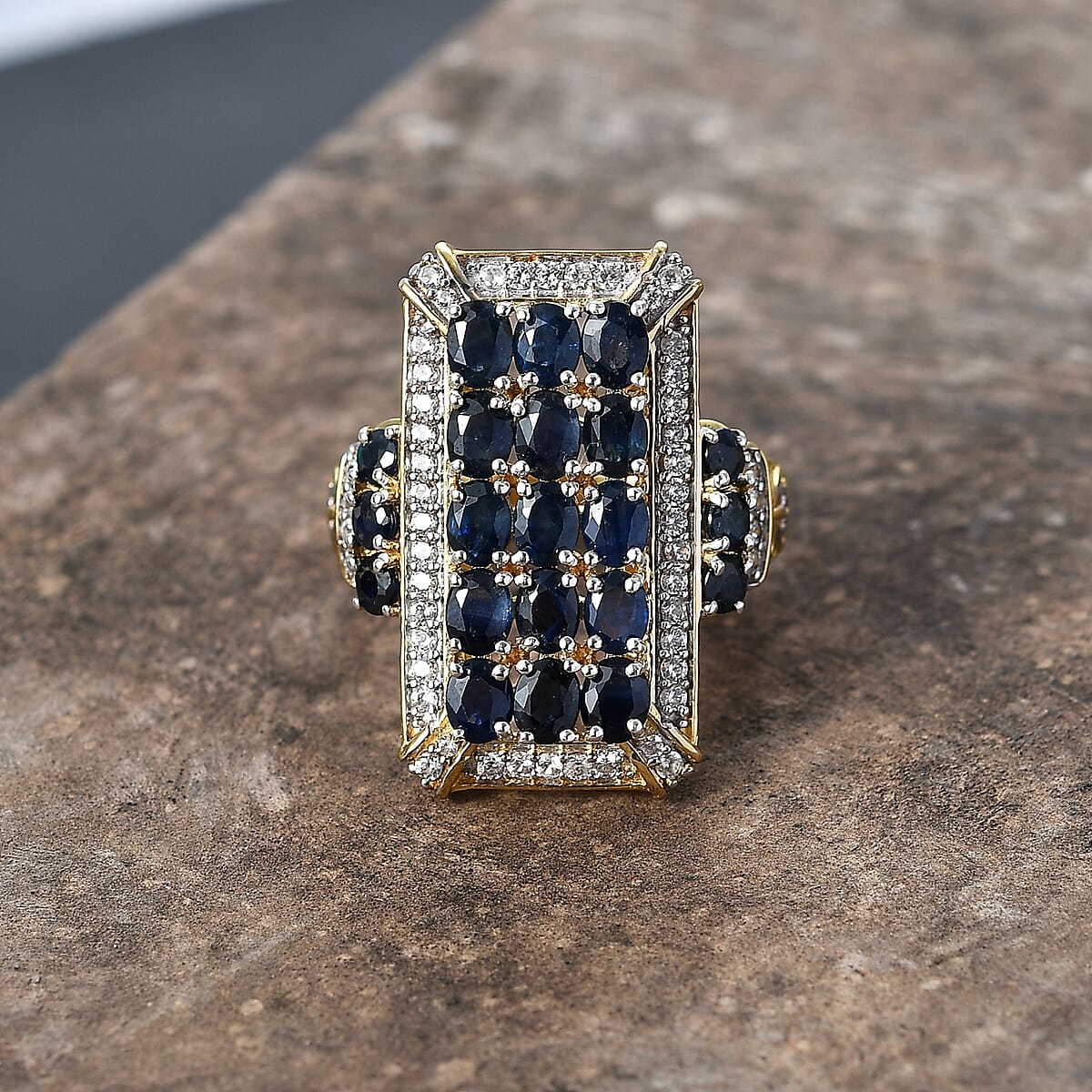 D'Joy Kanchanaburi Blue Sapphire and White Zircon 4.80 ctw Opulent Prism Ring in Rhodium & 18K Vermeil Yellow Gold Over Sterling Silver (Size 7.0) image number 1