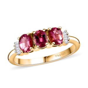 D'Joy Premium Ouro Fino Rubellite and Diamond 1.10 ctw Trinity Ring in 18K Vermeil Yellow Gold Over Sterling Silver (Size 10.0)