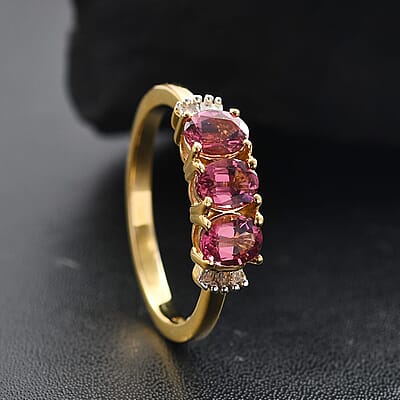 D'Joy Premium Ouro Fino Rubellite and Diamond 1.10 ctw Trinity Ring in 18K Vermeil Yellow Gold Over Sterling Silver (Size 10.0)