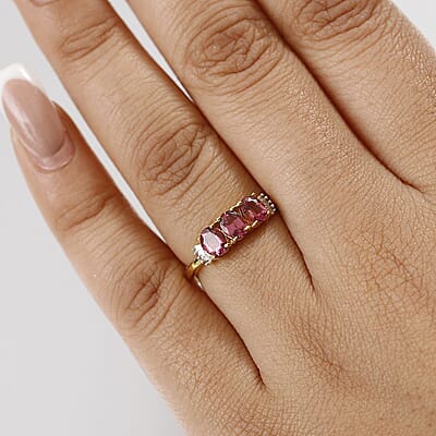 D'Joy Premium Ouro Fino Rubellite and Diamond 1.10 ctw Trinity Ring in 18K Vermeil Yellow Gold Over Sterling Silver (Size 10.0)