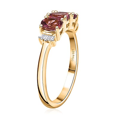 D'Joy Premium Ouro Fino Rubellite and Diamond 1.10 ctw Trinity Ring in 18K Vermeil Yellow Gold Over Sterling Silver (Size 10.0)
