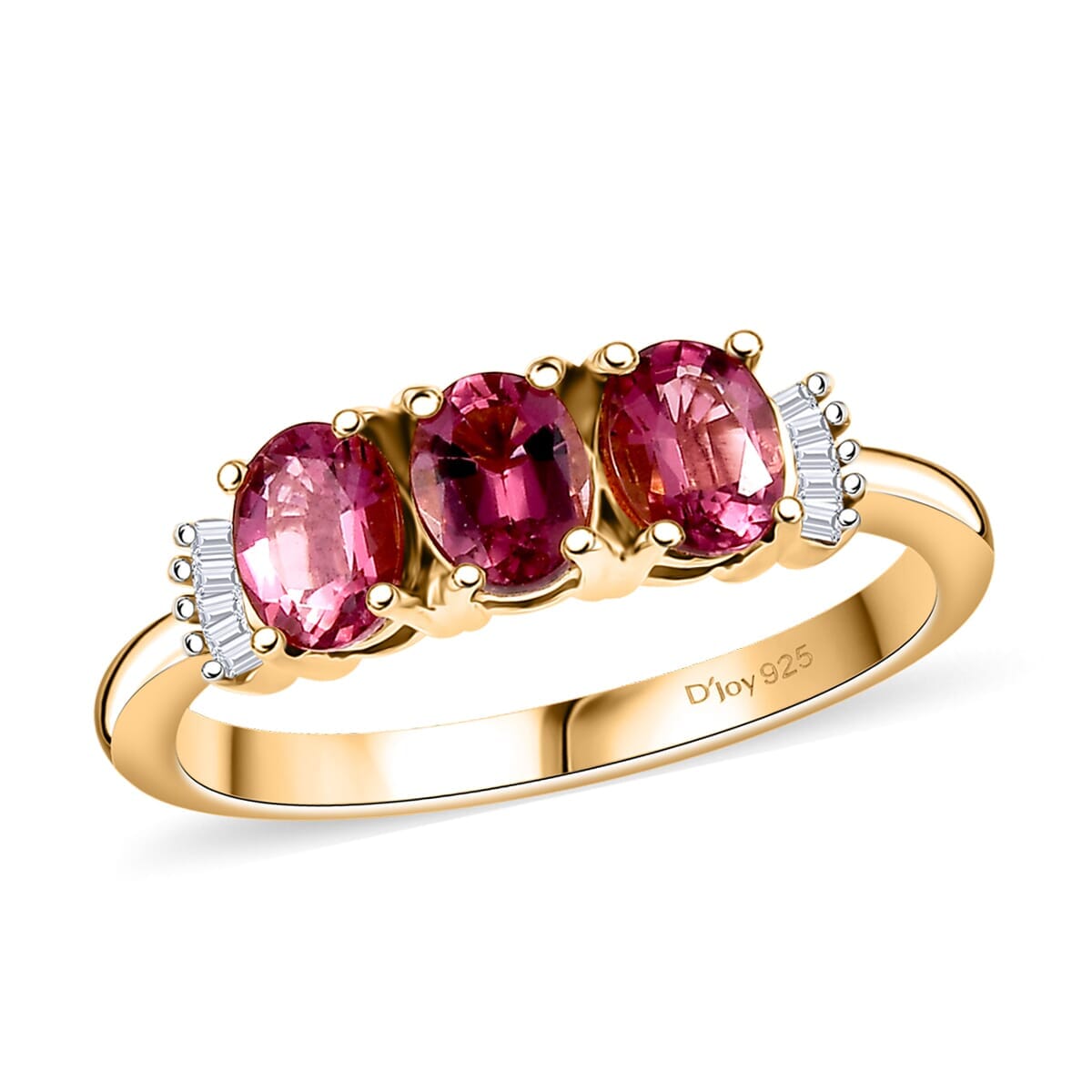 D'Joy Premium Ouro Fino Rubellite and Diamond 1.10 ctw Trinity Ring in 18K Vermeil Yellow Gold Over Sterling Silver (Size 7.0) image number 0