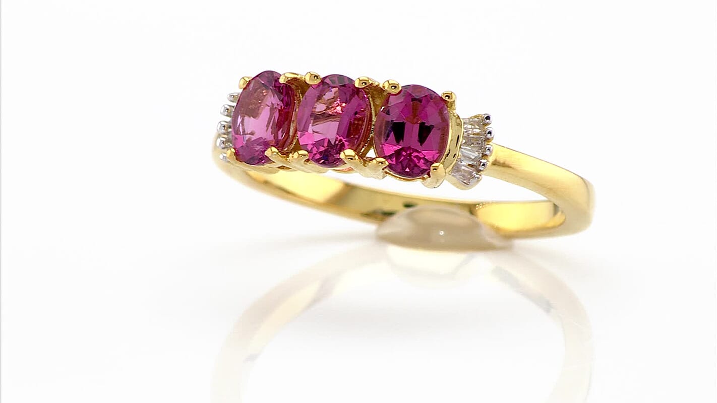 Premium Ouro Fino Rubellite and Diamond 1.10 ctw Trinity Ring in 18K Vermeil Yellow Gold Over Sterling Silver (Size 10.0)
