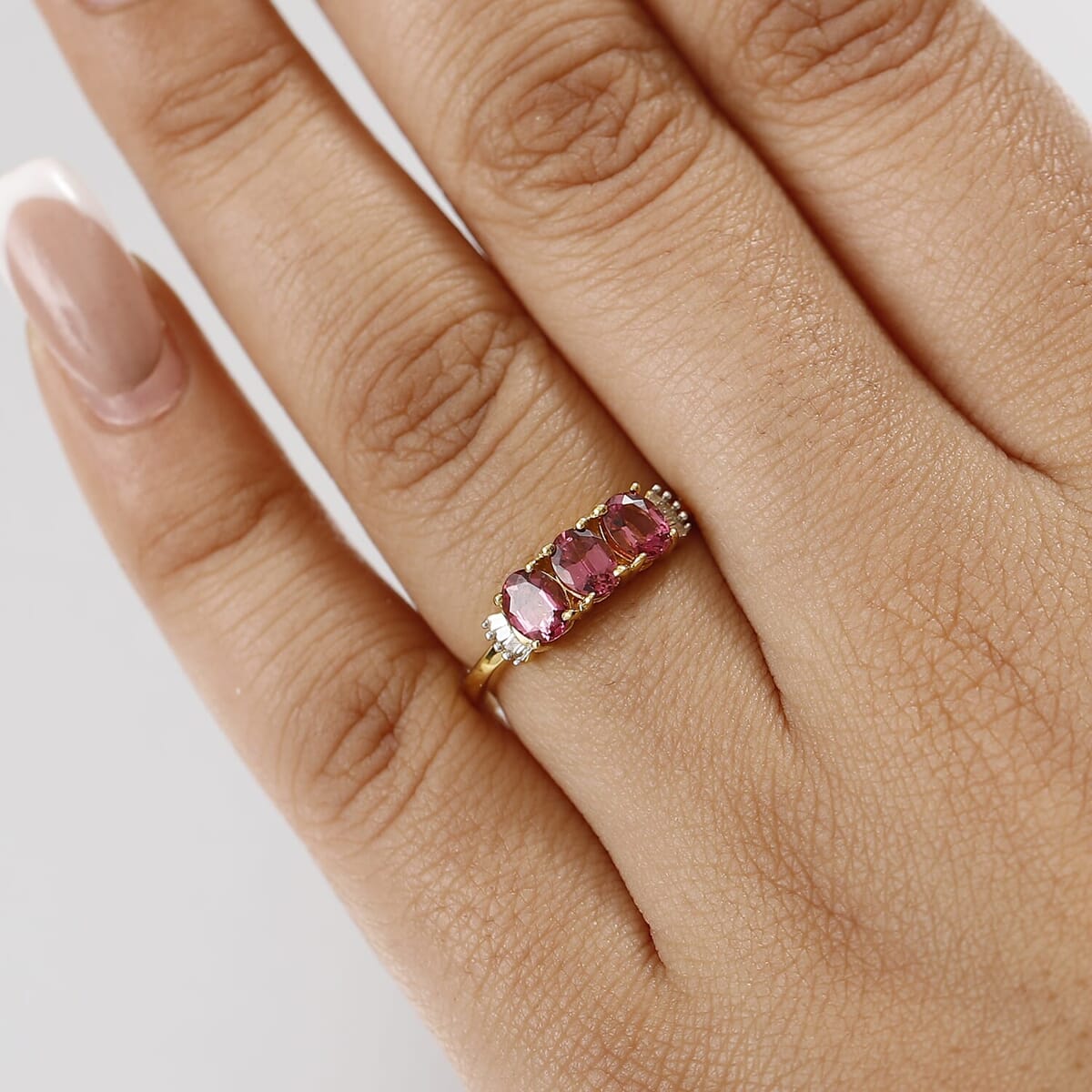 D'Joy Premium Ouro Fino Rubellite and Diamond 1.10 ctw Trinity Ring in 18K Vermeil Yellow Gold Over Sterling Silver (Size 7.0) image number 2