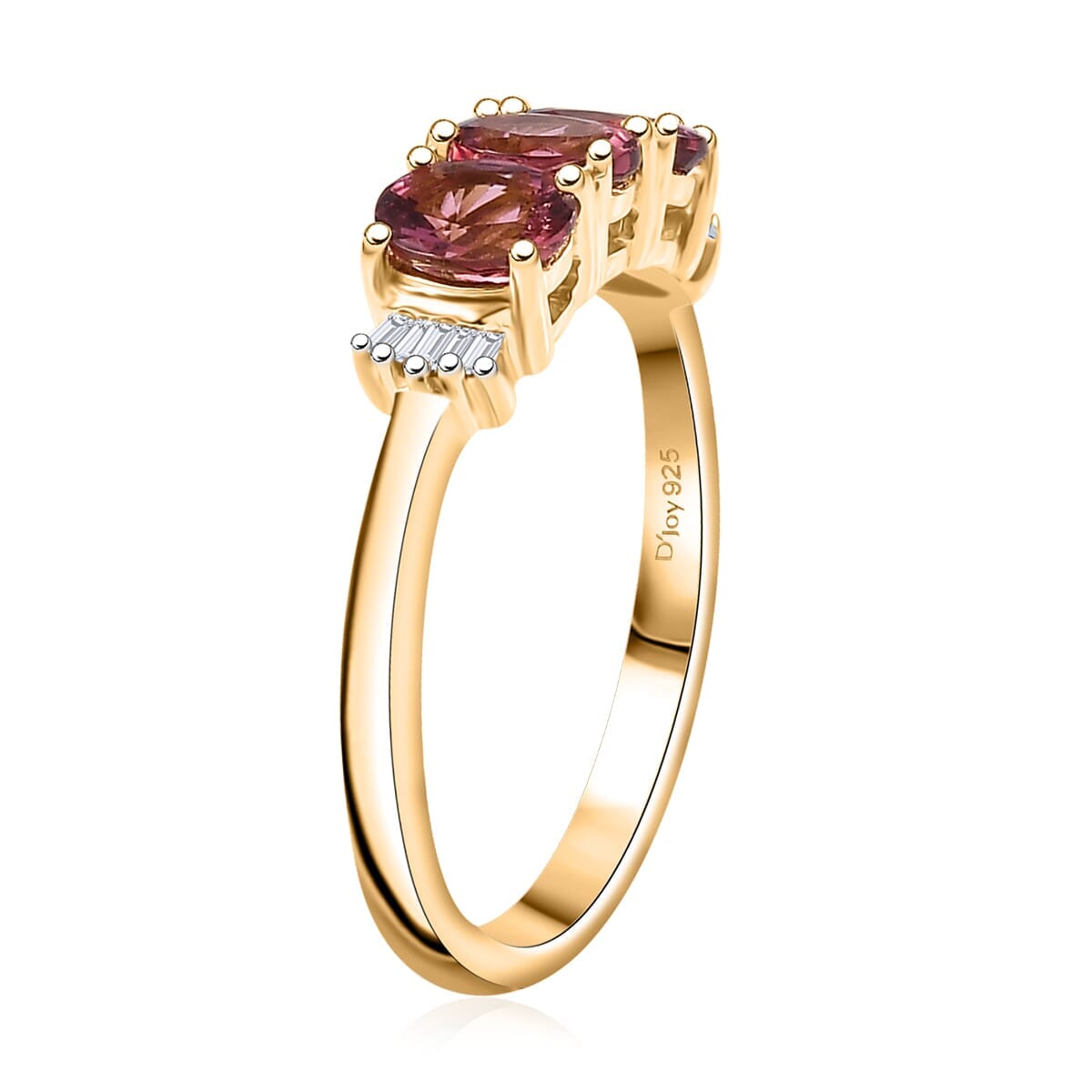D'Joy Premium Ouro Fino Rubellite and Diamond 1.10 ctw Trinity Ring in 18K Vermeil Yellow Gold Over Sterling Silver (Size 7.0) image number 3