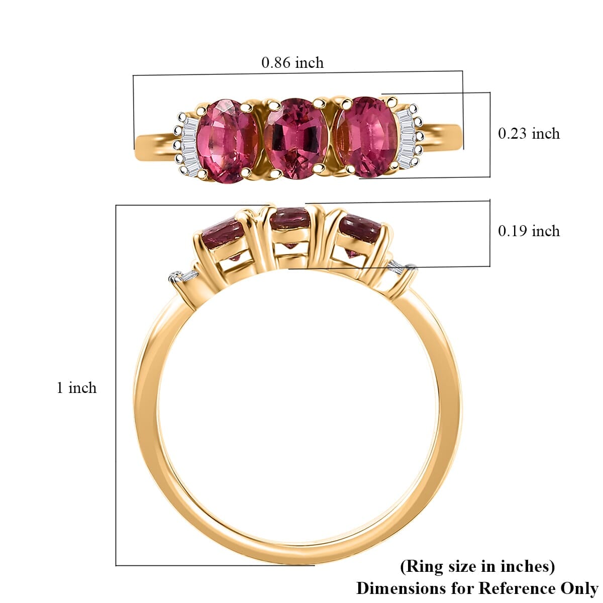 D'Joy Premium Ouro Fino Rubellite and Diamond 1.10 ctw Trinity Ring in 18K Vermeil Yellow Gold Over Sterling Silver (Size 7.0) image number 5