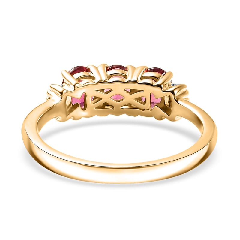 D'Joy Premium Ouro Fino Rubellite and Diamond 1.10 ctw Trinity Ring in 18K Vermeil Yellow Gold Over Sterling Silver (Size 8.0)