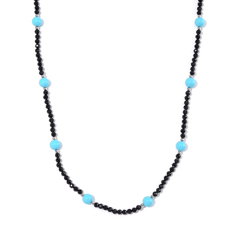 Thai Black Spinel with Sleeping Beauty Color Shell Pearl 50.00 ctw Beaded Necklace in Silvertone 18-20 Inches