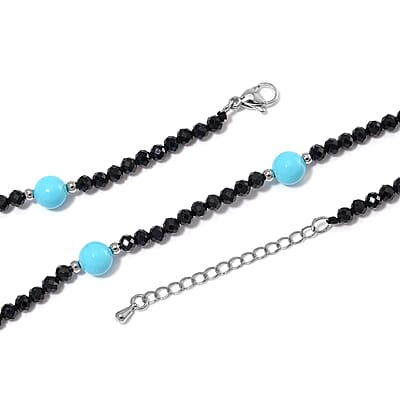 Thai Black Spinel with Sleeping Beauty Color Shell Pearl 50.00 ctw Beaded Necklace in Silvertone 18-20 Inches