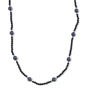 Peacock Color Shell Pearl and Thai Black Spinel 50.00 ctw Beaded Necklace in Silvertone 18-20 Inches