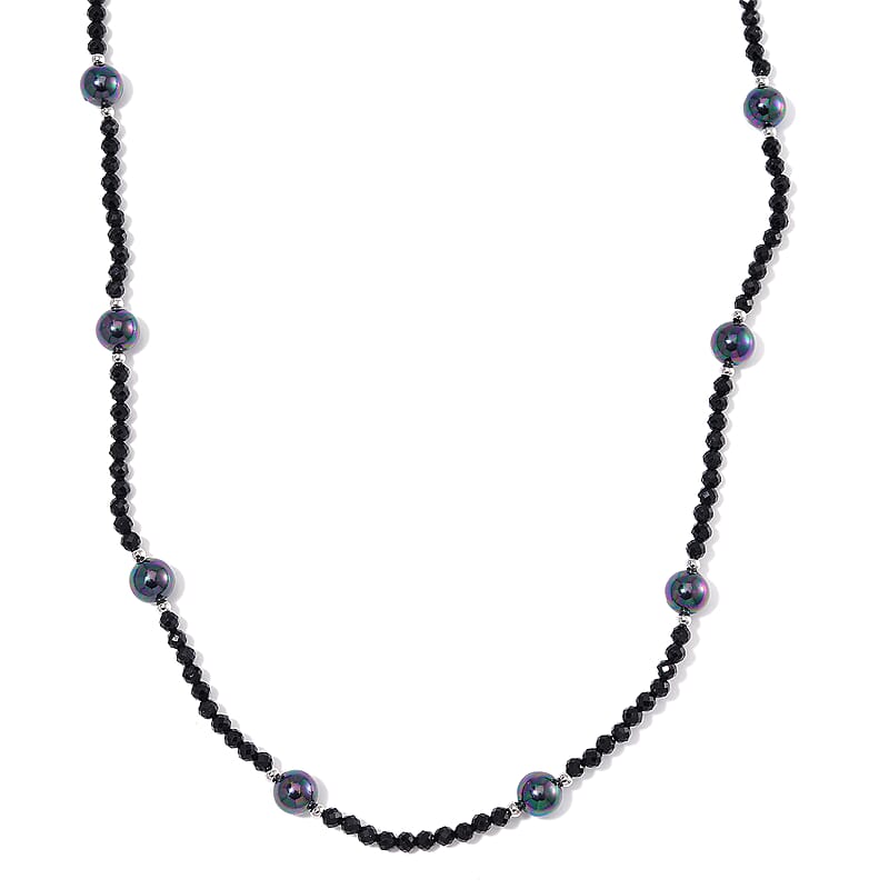 Thai Black Spinel with Peacock Color Shell Pearl 50.00 ctw Beaded Necklace in Silvertone 18-20 Inches