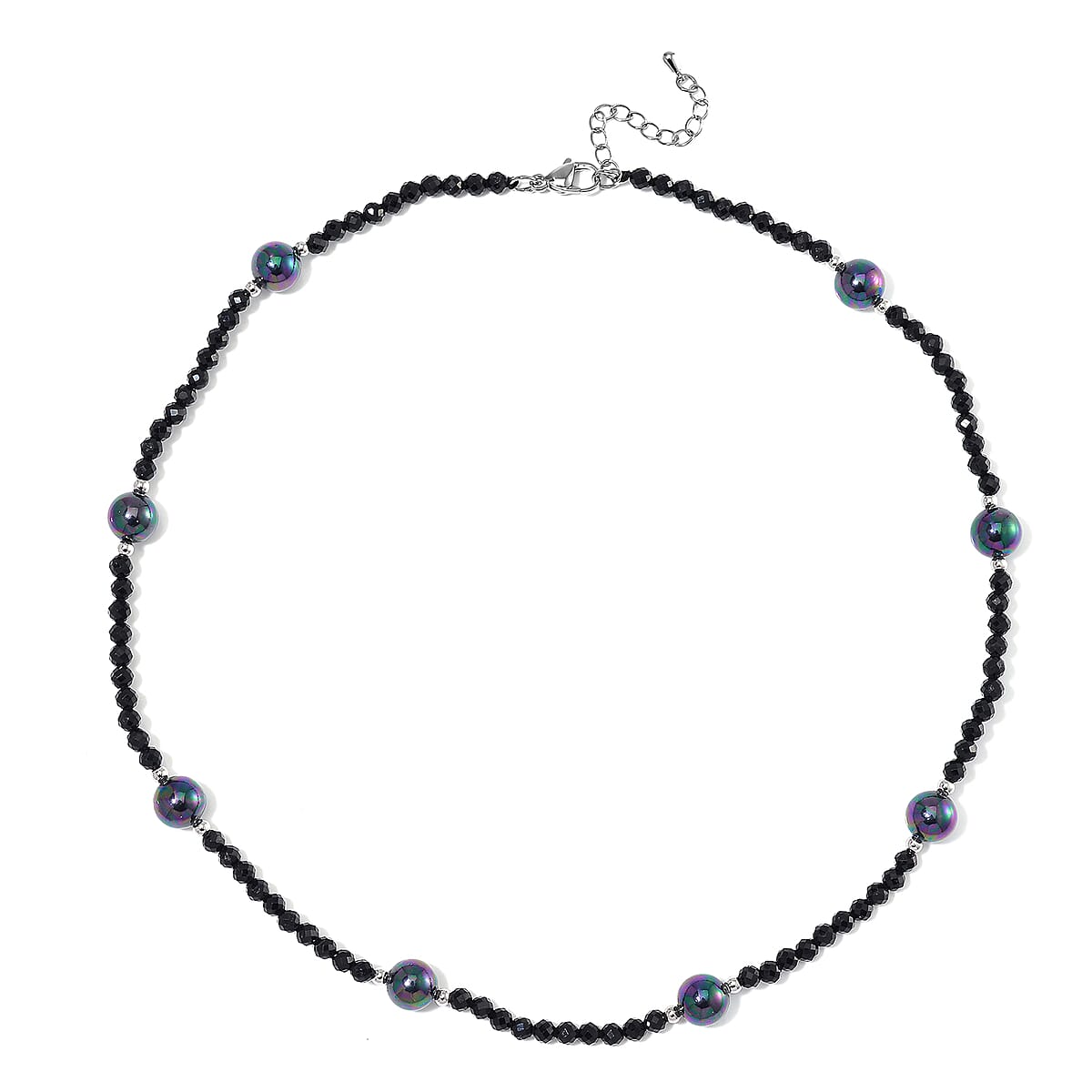 Peacock Color Shell Pearl and Thai Black Spinel 50.00 ctw Beaded Necklace in Silvertone 18-20 Inches image number 2