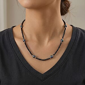  Thai Black Spinel with Peacock Color Shell Pearl 50.00 ctw Beaded Necklace in Silvertone 18-20 Inches