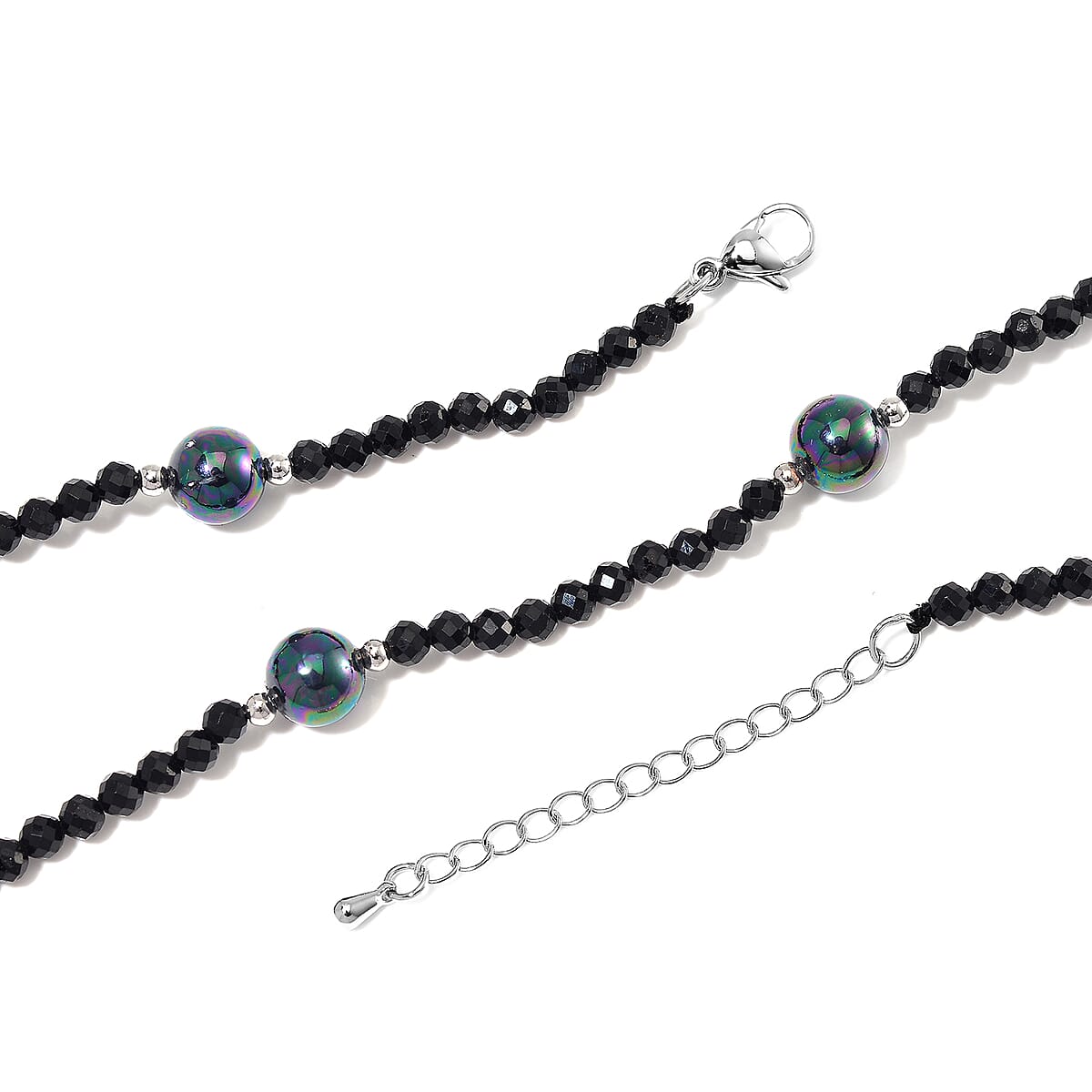 Peacock Color Shell Pearl and Thai Black Spinel 50.00 ctw Beaded Necklace in Silvertone 18-20 Inches image number 3