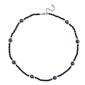  Thai Black Spinel with Peacock Color Shell Pearl 50.00 ctw Beaded Necklace in Silvertone 18-20 Inches