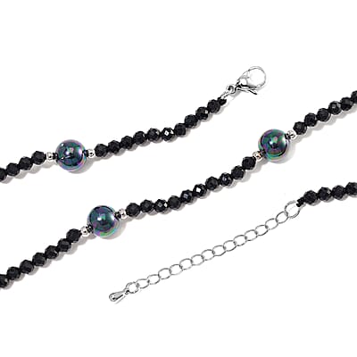 Thai Black Spinel with Peacock Color Shell Pearl 50.00 ctw Beaded Necklace in Silvertone 18-20 Inches