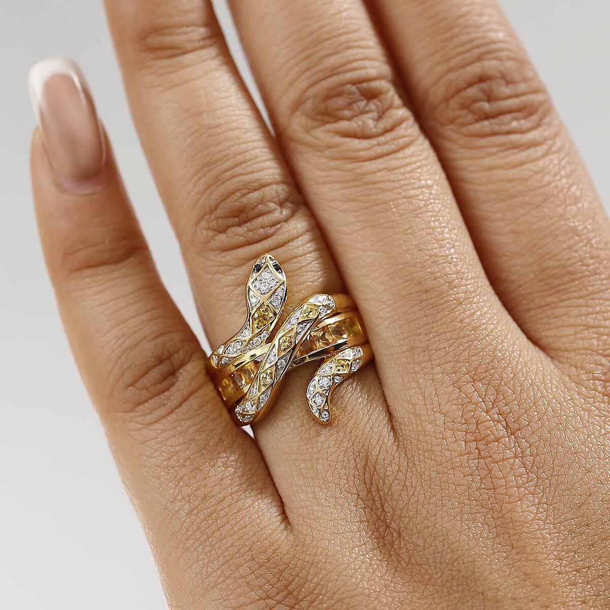 D'Joy Madagascar Yellow Sapphire and Multi Gemstone 1.50 ctw Snake Ring in 18K Vermeil Yellow Gold Over Sterling Silver (Size 7.0) image number 2