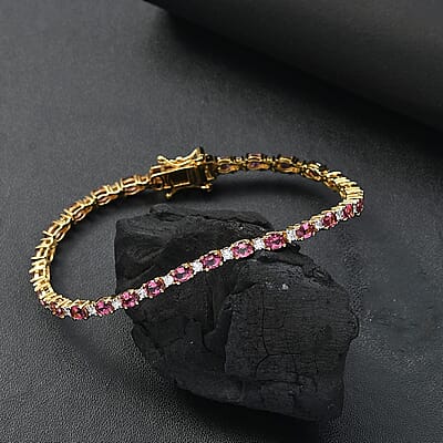 D'Joy Premium Ouro Fino Rubellite and Moissanite 5.25 ctw Sunset Serenade Bracelet in 18K Vermeil Yellow Gold Over Sterling Silver (6.50 In)