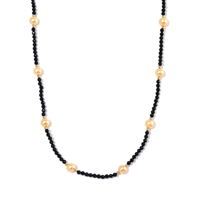 Thai Black Spinel with Golden Shell Pearl 50.00 ctw Beaded Necklace in Goldtone 18-20 Inches