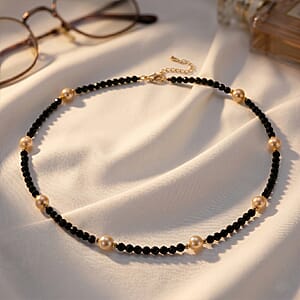 Thai Black Spinel with Golden Shell Pearl 50.00 ctw Beaded Necklace in Goldtone 18-20 Inches