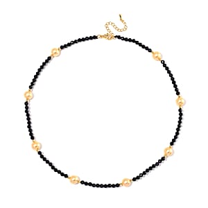 Thai Black Spinel with Golden Shell Pearl 50.00 ctw Beaded Necklace in Goldtone 18-20 Inches