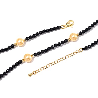 Thai Black Spinel with Golden Shell Pearl 50.00 ctw Beaded Necklace in Goldtone 18-20 Inches