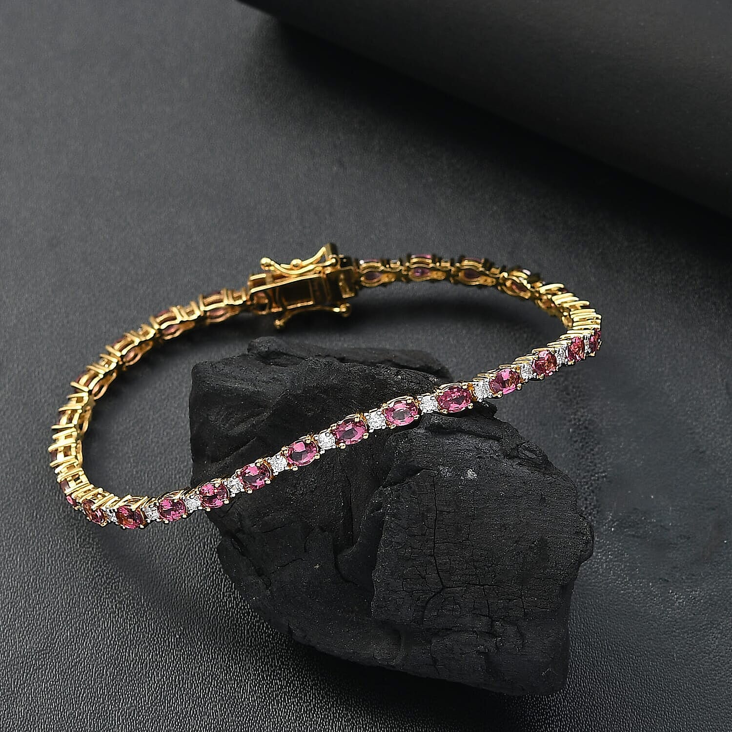Premium Ouro Fino Rubellite and Moissanite 5.25 ctw Sunset Serenade Bracelet in 18K Vermeil Yellow Gold Over Sterling Silver (6.50 In)