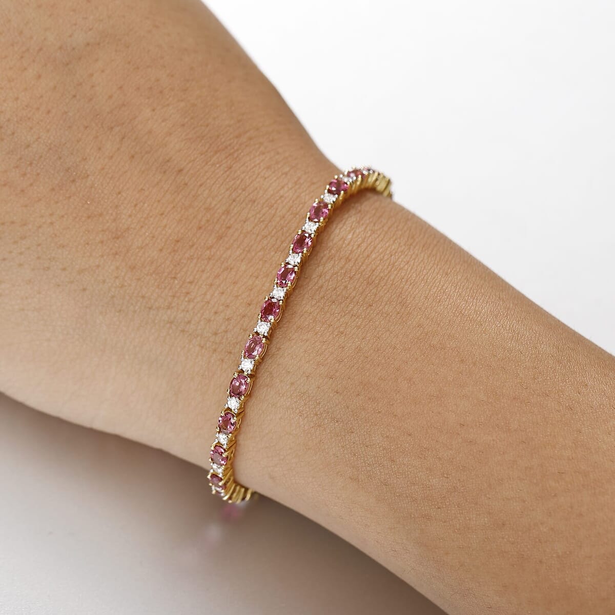 D'Joy Premium Ouro Fino Rubellite and Moissanite 5.90 ctw Sunset Serenade Bracelet in 18K Vermeil Yellow Gold Over Sterling Silver (7.25 In) image number 2
