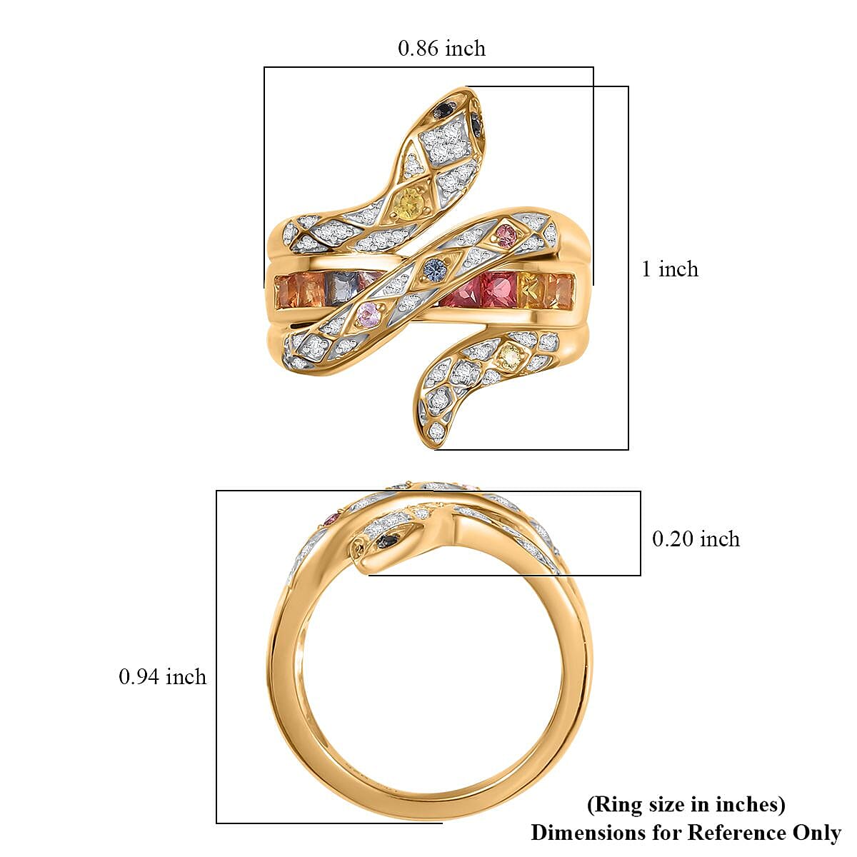 Multi Sapphire and Multi Gemstone 1.40 ctw Snake Ring in 18K Vermeil Yellow Gold Over Sterling Silver (Size 5.0) image number 5