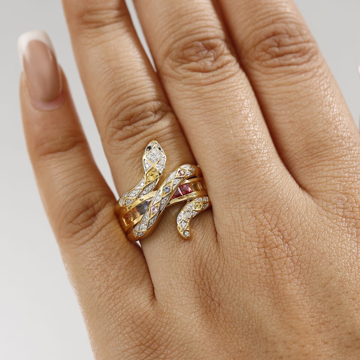 Multi Sapphire and Multi Gemstone 1.40 ctw Snake Ring in 18K Vermeil Yellow Gold Over Sterling Silver (Size 9.0) image number 2