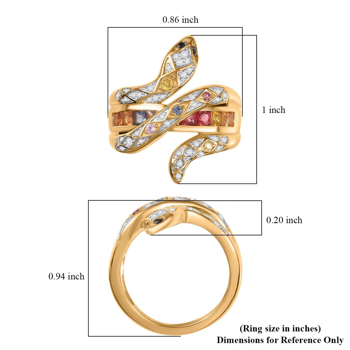 Multi Sapphire and Multi Gemstone 1.40 ctw Snake Ring in 18K Vermeil Yellow Gold Over Sterling Silver (Size 9.0) image number 5