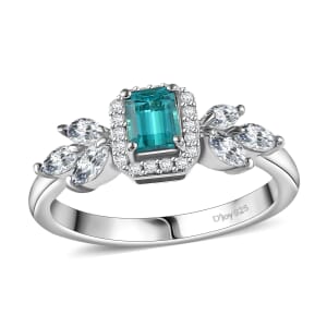 D'Joy Premium Pirineu Lagoon Tourmaline and White Zircon 1.35 ctw Elysian Leaf Ring in Rhodium Over Sterling Silver (Size 6.0)