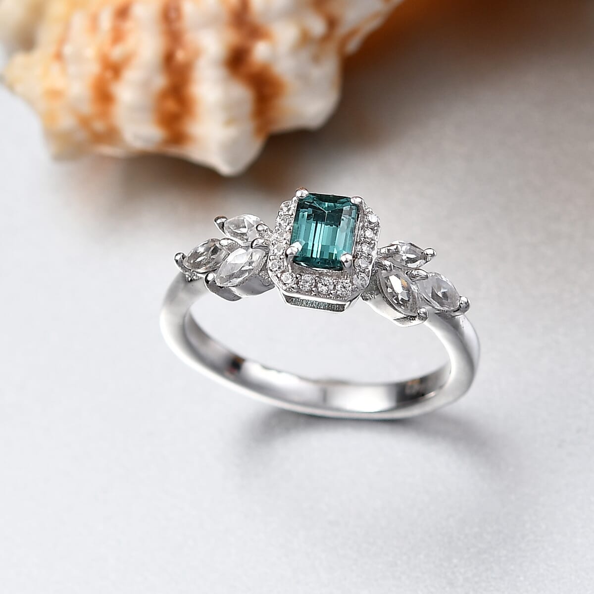 D'Joy Premium Pirineu Lagoon Tourmaline and White Zircon 1.35 ctw Elysian Leaf Ring in Rhodium Over Sterling Silver (Size 6.0) image number 1