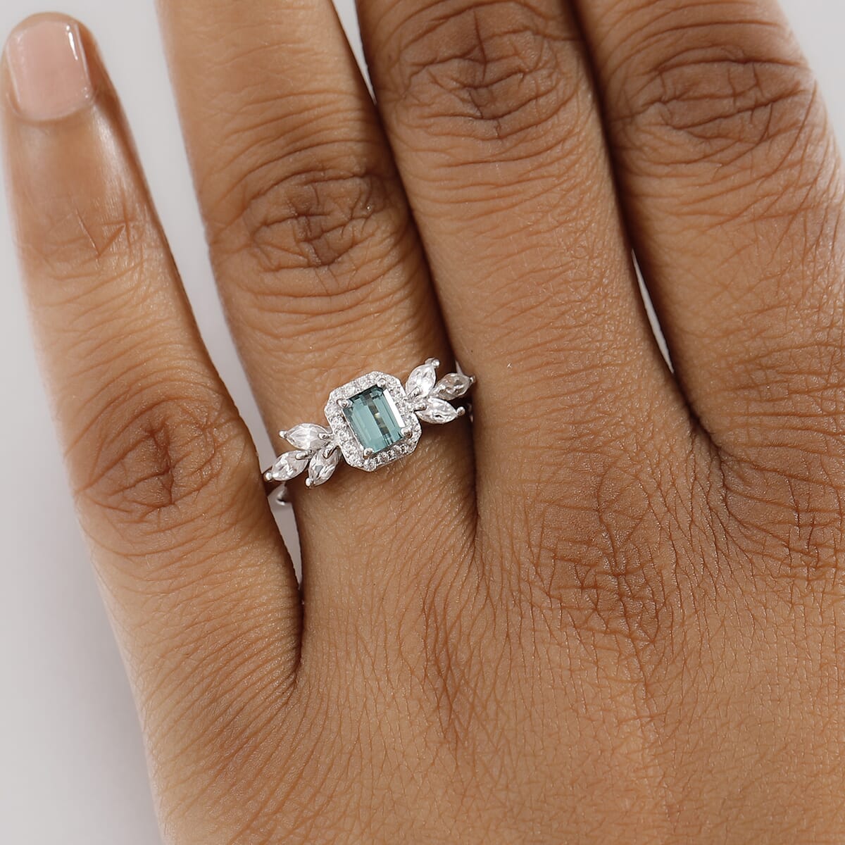 D'Joy Premium Pirineu Lagoon Tourmaline and White Zircon 1.35 ctw Elysian Leaf Ring in Rhodium Over Sterling Silver (Size 6.0) image number 2